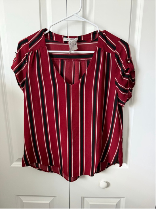 Papaya Tops - Papaya Blouse M Maroon Black Striped Short Sleeve